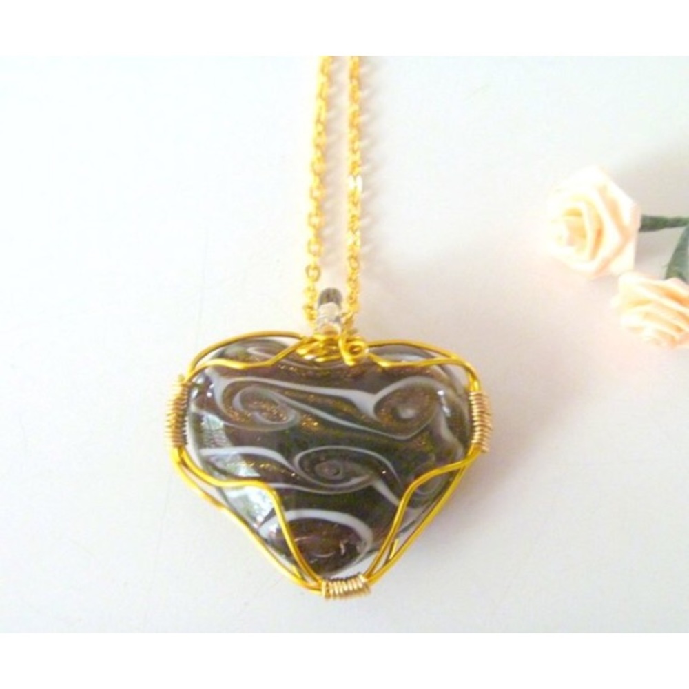 Brown murano glass heart pendant necklace wirewrap